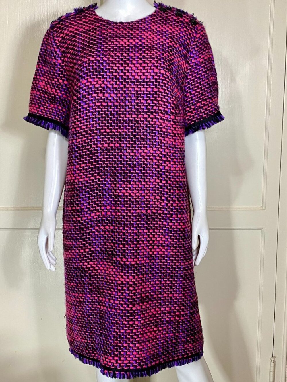 ESCADA Purple Pink Black Persian Tweed Fringe Shift Dress Sz 46 US 16 ($526)